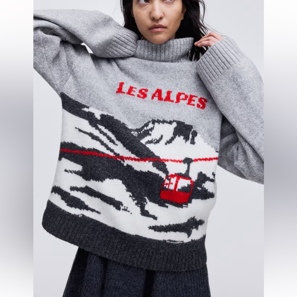 Les Alpes Mountain Gray Apres Ski Turtleneck Sweater Top XL The French Alps
